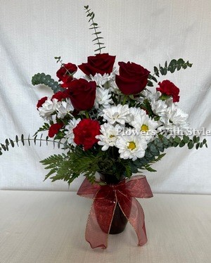 Roses & Daisies/Red Vase