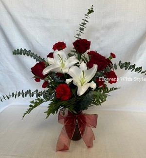 Roses, Carns, Lilies/Red Vase